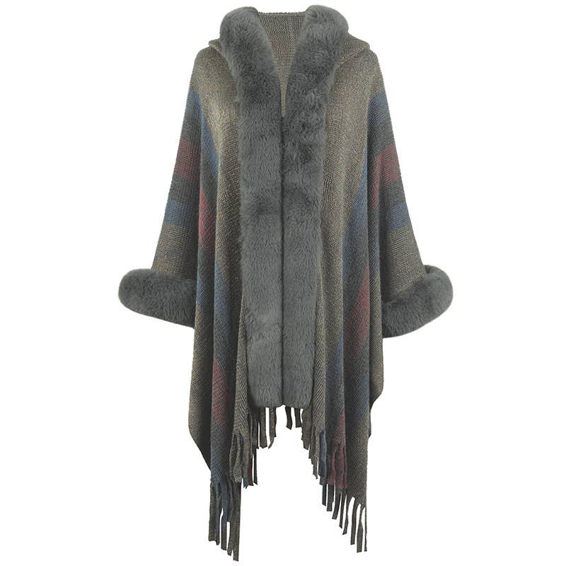 WOMEN'S HOODED CAPE STRIPED KNITTED FRINGE SHAWL