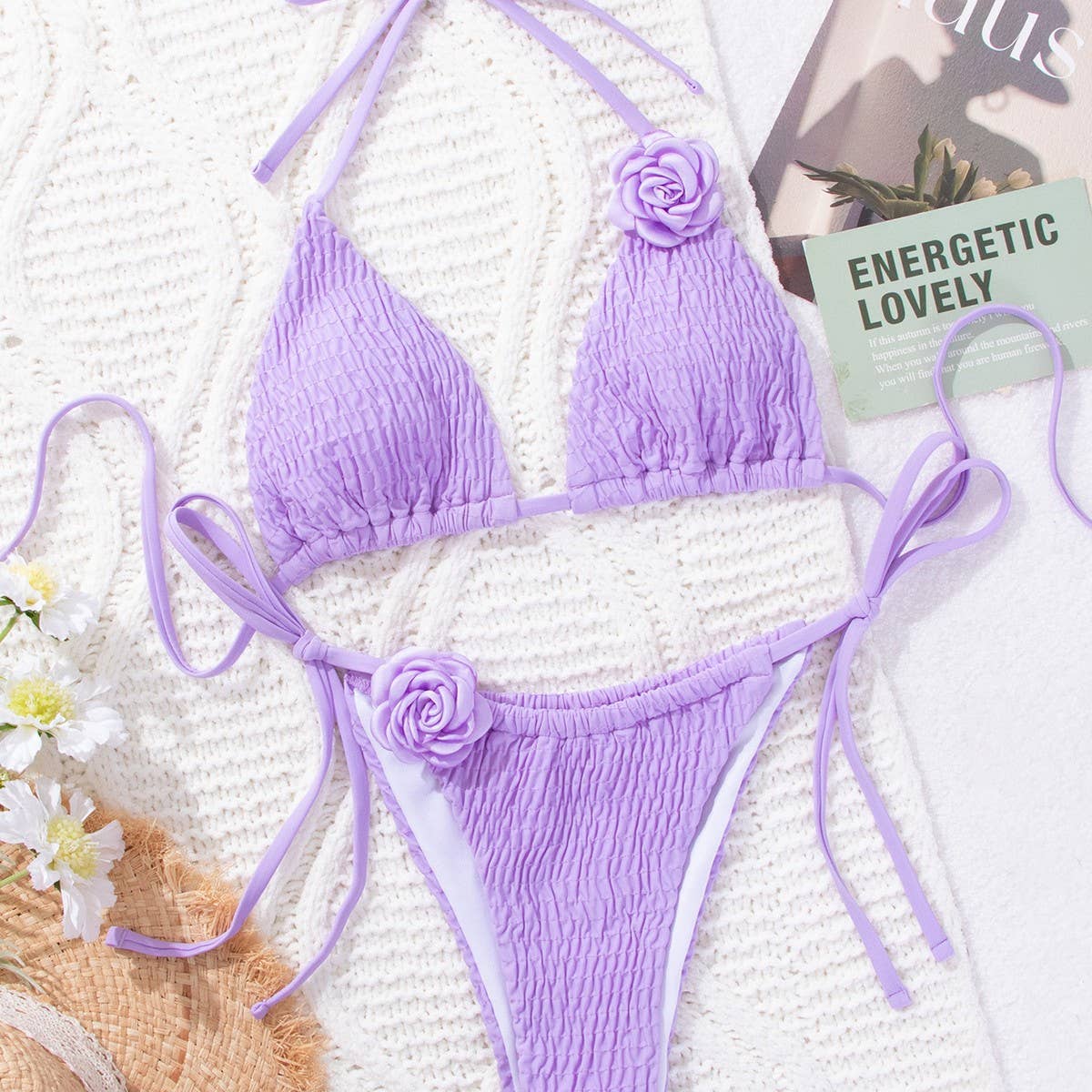 3D Floral Bikini Set - Sexy Triangle Cup Swimsuit_CWMW0687