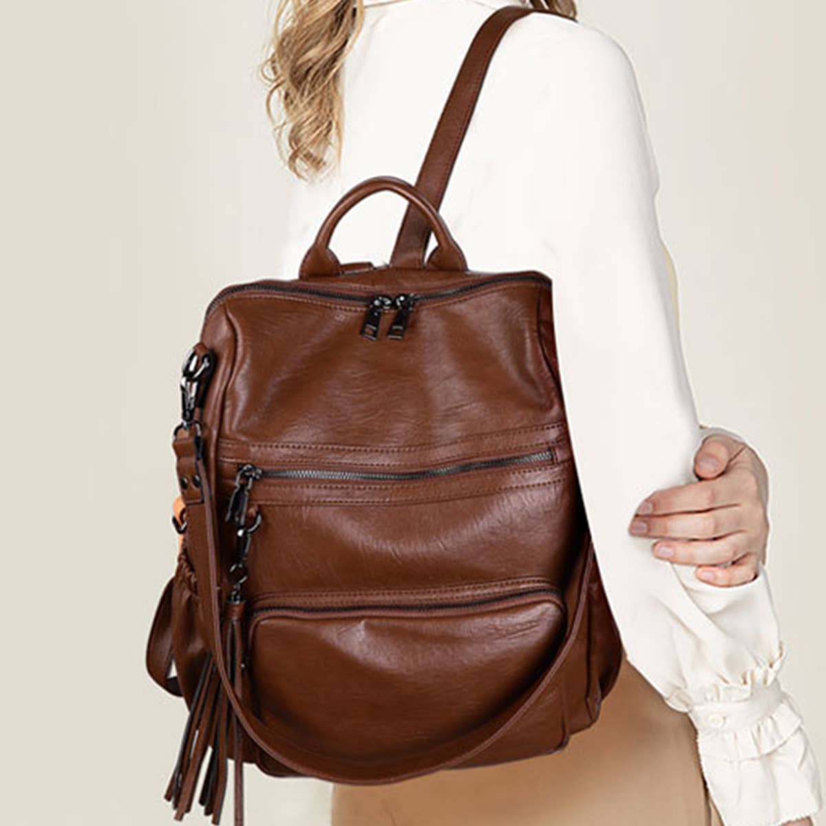 TASSEL DETAIL PU LEATHER BACKPACK SHOULDER BAG_CWAB0778