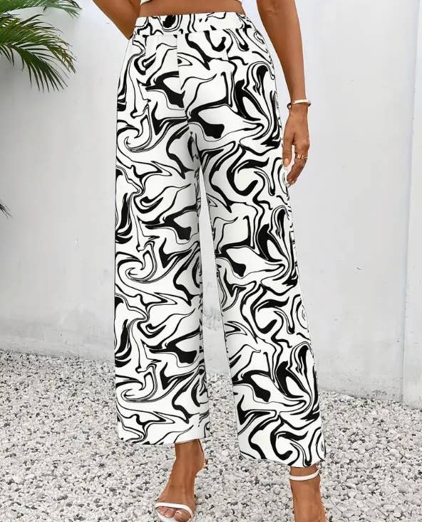 ELASTIC HIGH-WAISTED CASUAL PRINTED TROUSERS