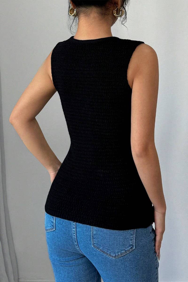 CWOCASL0045_SOLID COLOR SLEEVELESS BUTTON VEST CARDIGAN