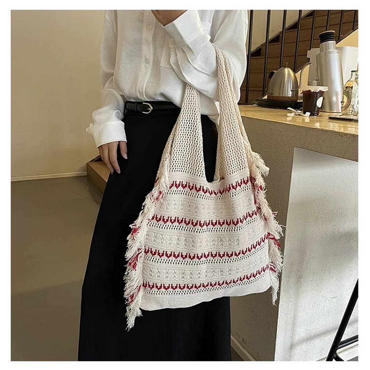 CWMM10094_2025  TOTE BAG SHOULDER BEACH BAG WITH TASSEL