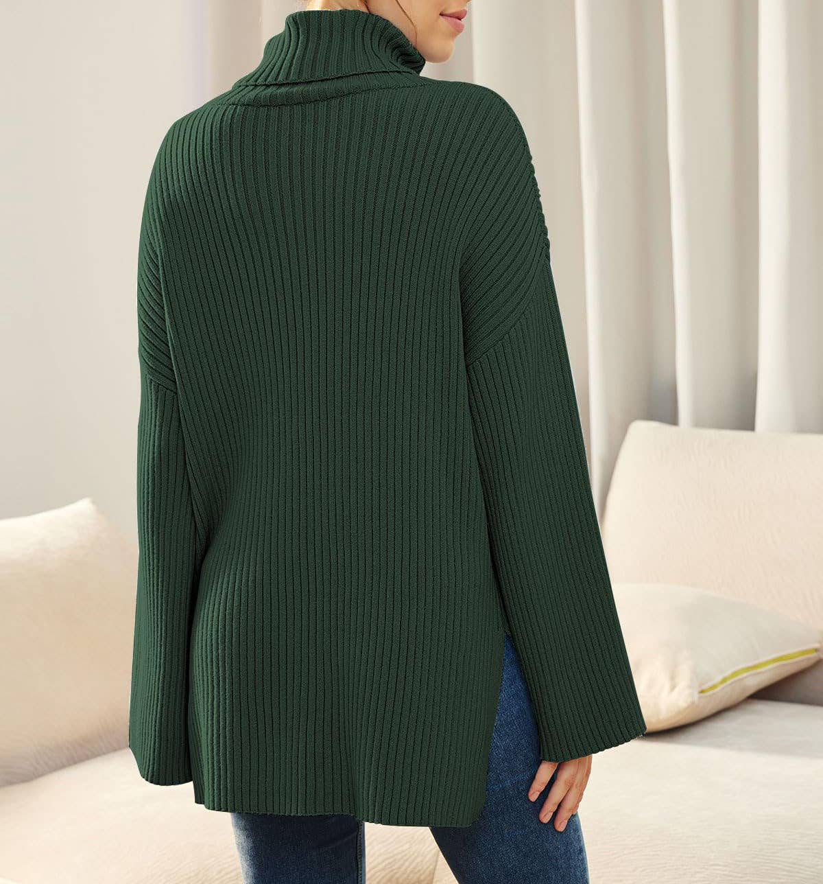 SPLIT TURTLENECK SOLID COLOR RIB KNIT SWEATER