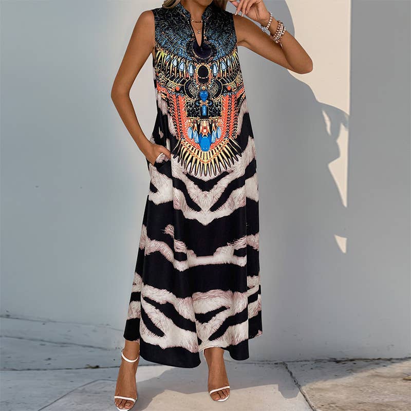 Sleeveless V-neck vintage animal print maxi dress