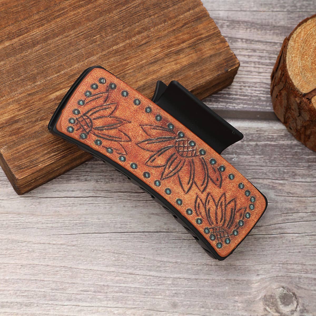 LEATHER SUNFLOWER PATTERN WESTERN HAIR CLAW CLIPS