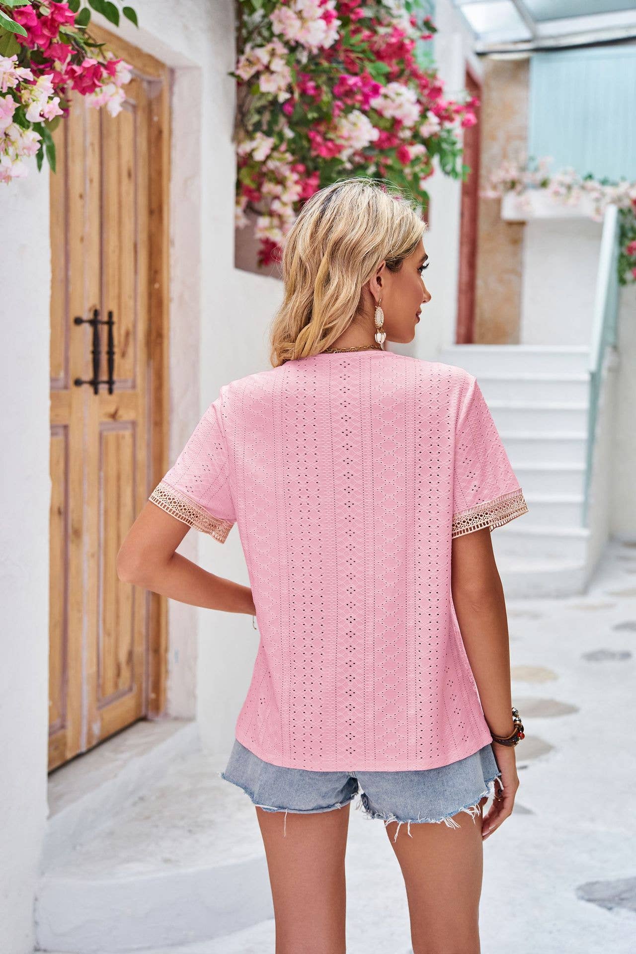 V-neck lace patchwork solid short sleeve top