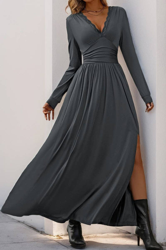CWDMD3564_V-NECK SOLID COLOR SLIT SLIM MAXI DRESS