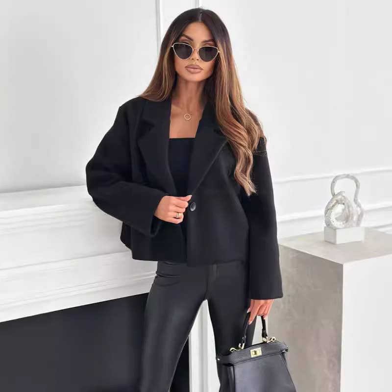 SUIT COLLAR SOLID COLOR SINGLE BUTTON WOOLEN COAT