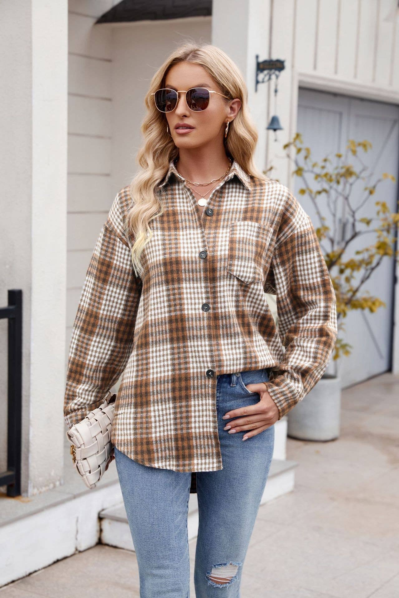 Thousand-bird checkered button flannel shirt