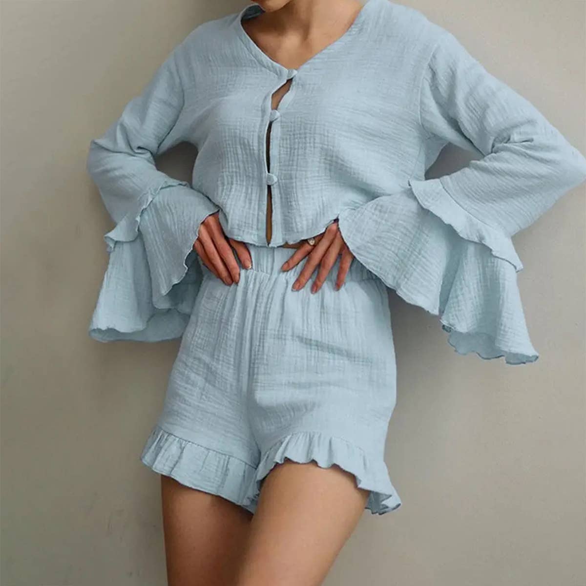 Loose ruffled thin long-sleeved and short suit