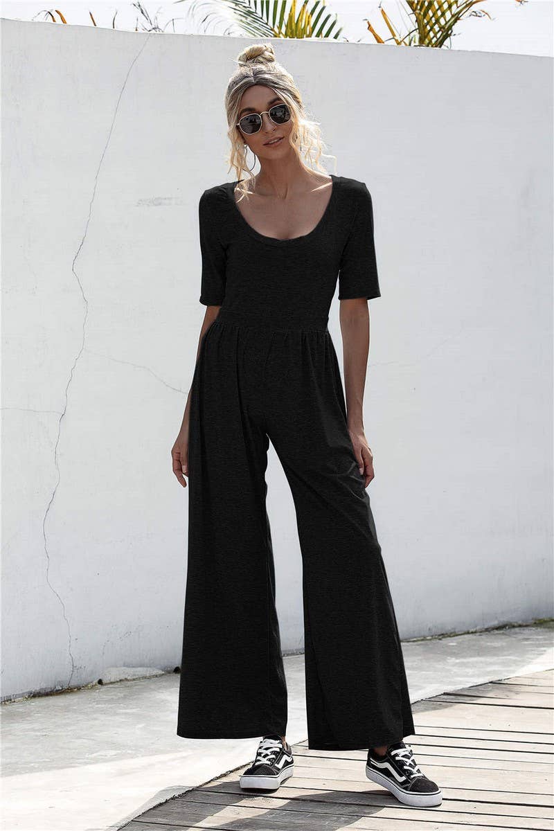 SOLID COLOR SHORT SLEEVED WIDE LEG LOOSE JUMPSUIT_CWSJS0428