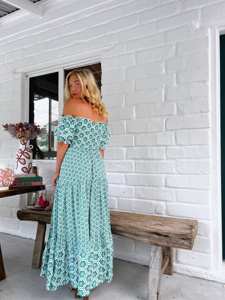 Print puffed sleeves large swing long waist dress