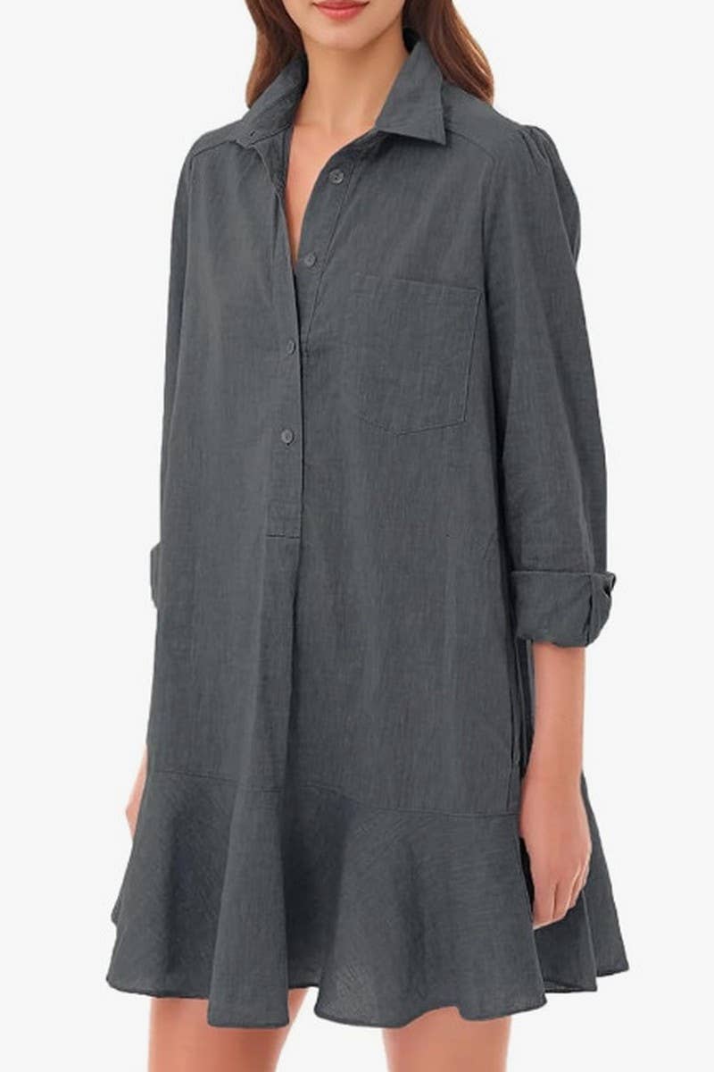 CWDSD8254_LONG SLEEVE SHIRT HEM RUFFLE DRESS