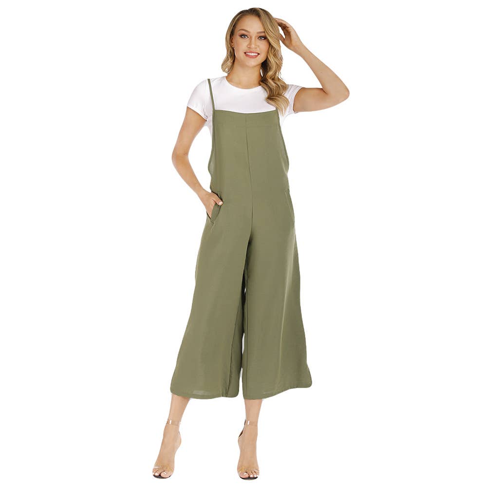 Solid-color straight-leg overalls jumpsuit