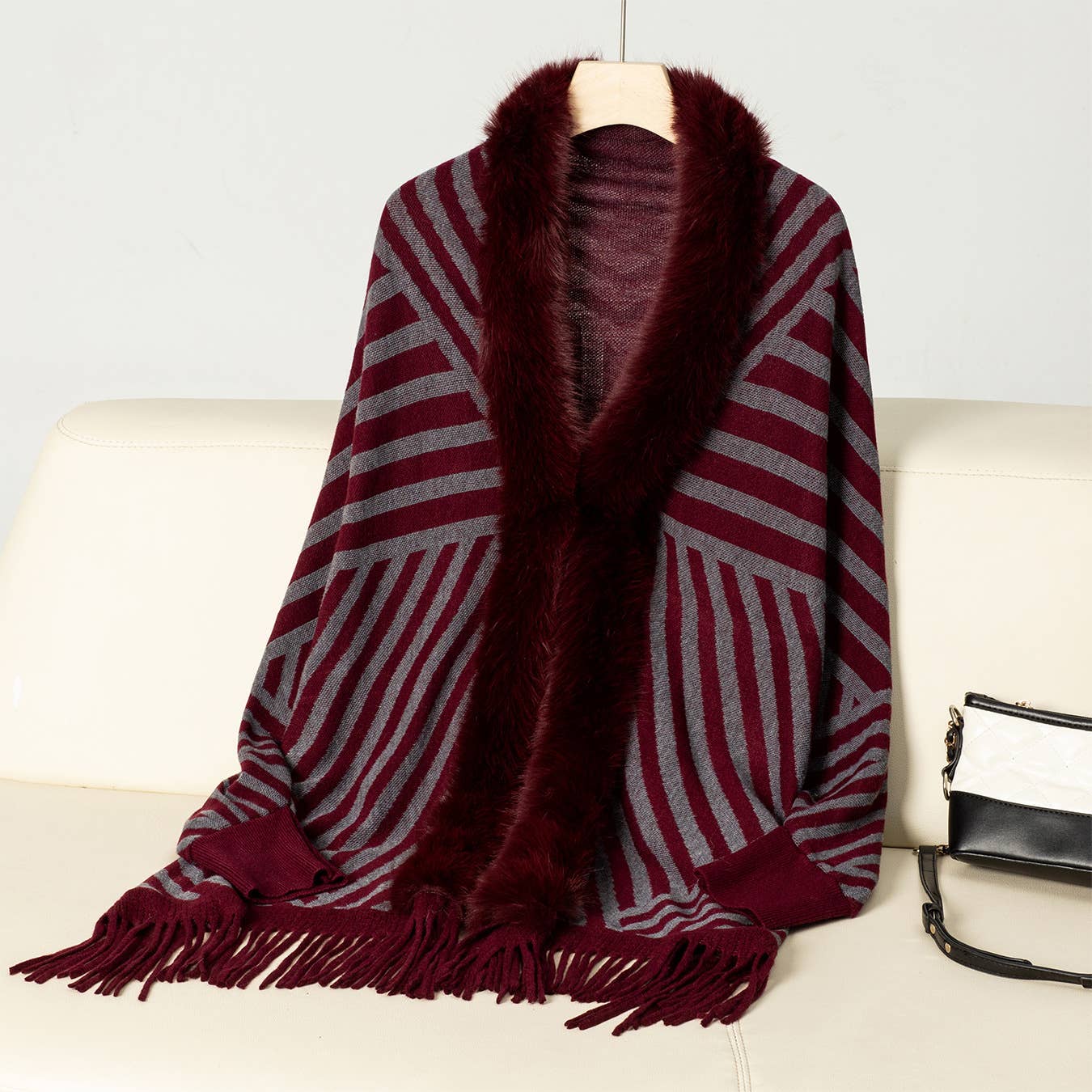 Fashion striped fringe knitted shawl cape