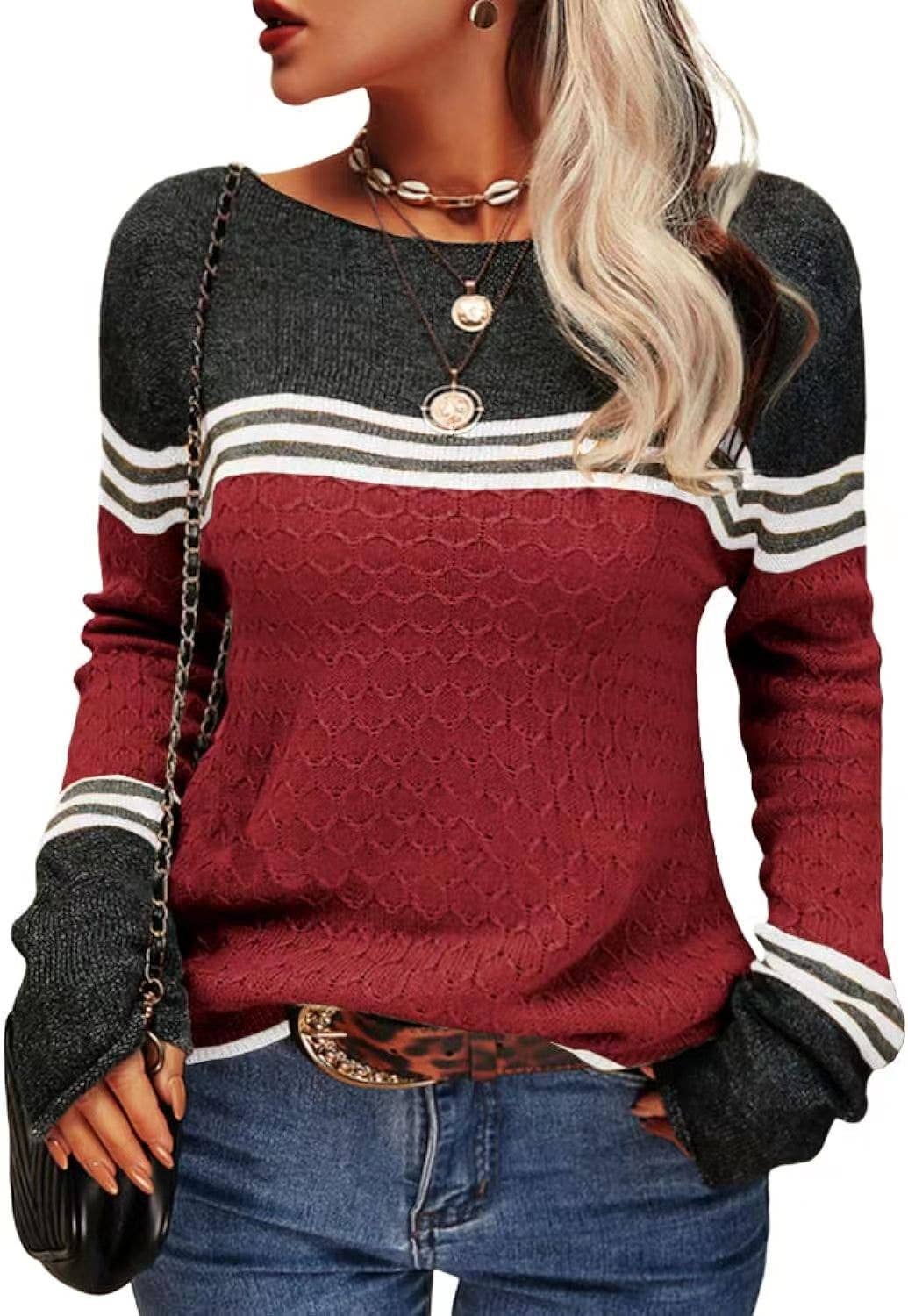 STYLISH CREW-NECK SWEATER WITH STRIPES AND COLORS