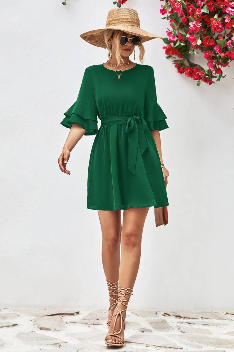 FLARED LOTUS LEAF SLEEVE SOLID COLOR DRESS_CWDSD2639