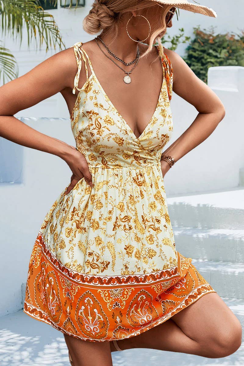 CWDSD4954_V-NECK HALTER BACKLESS PRINTED DRESS