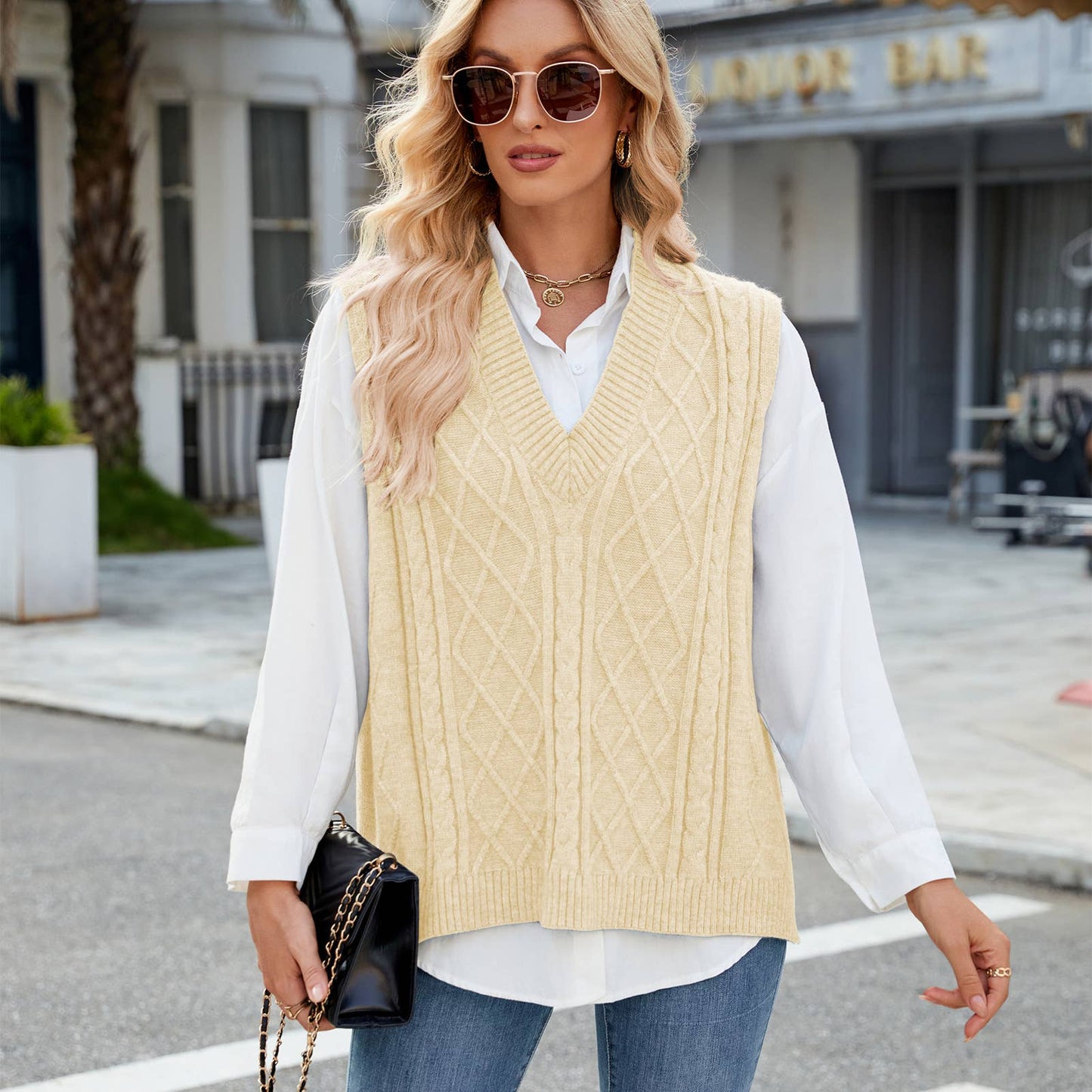 V-NECK LOOSE OUTSIDE VEST SOLID COLOR VEST