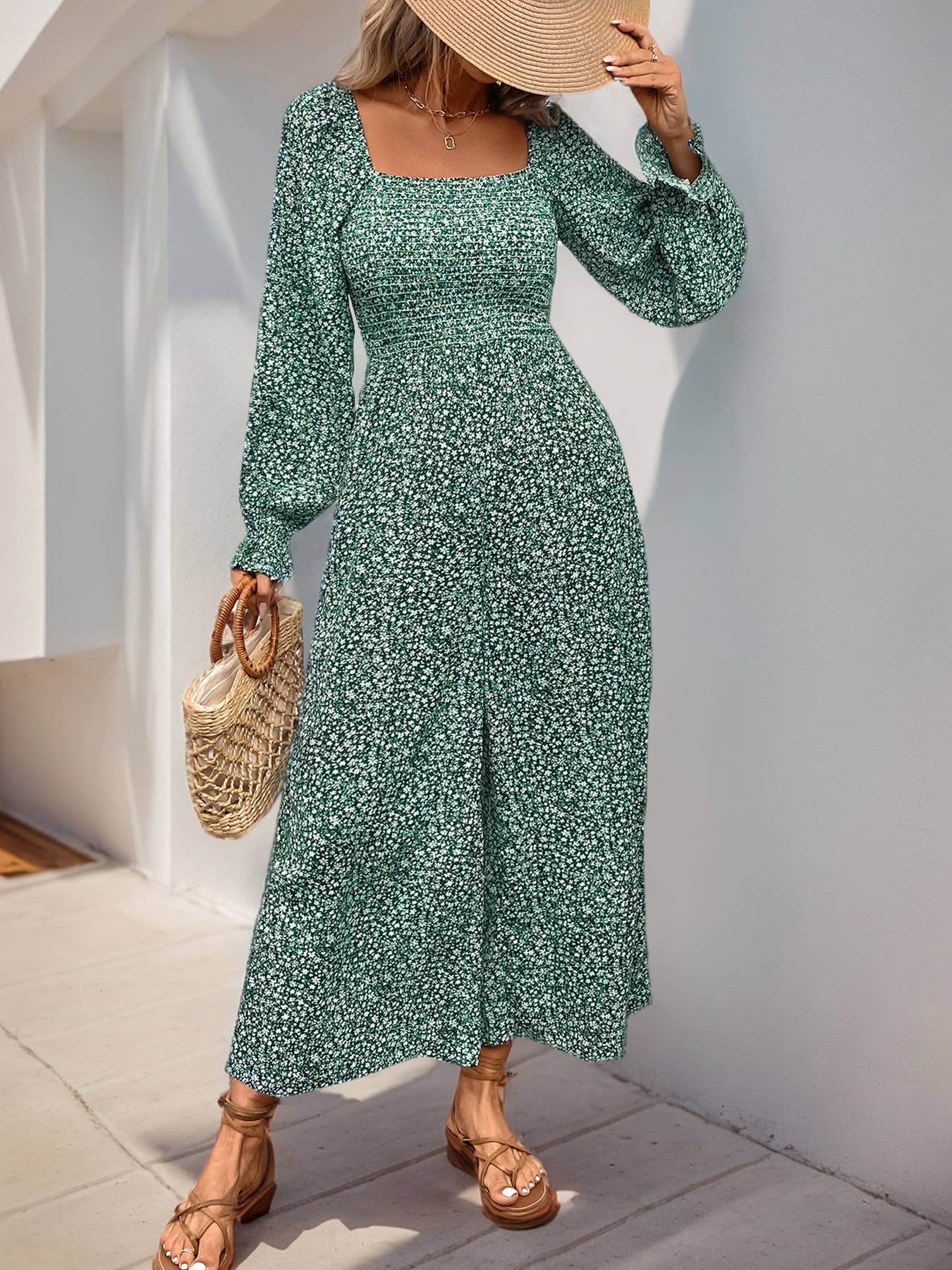 SQUARE NECK LONG SLEEVE FLORAL JUMPSUIT