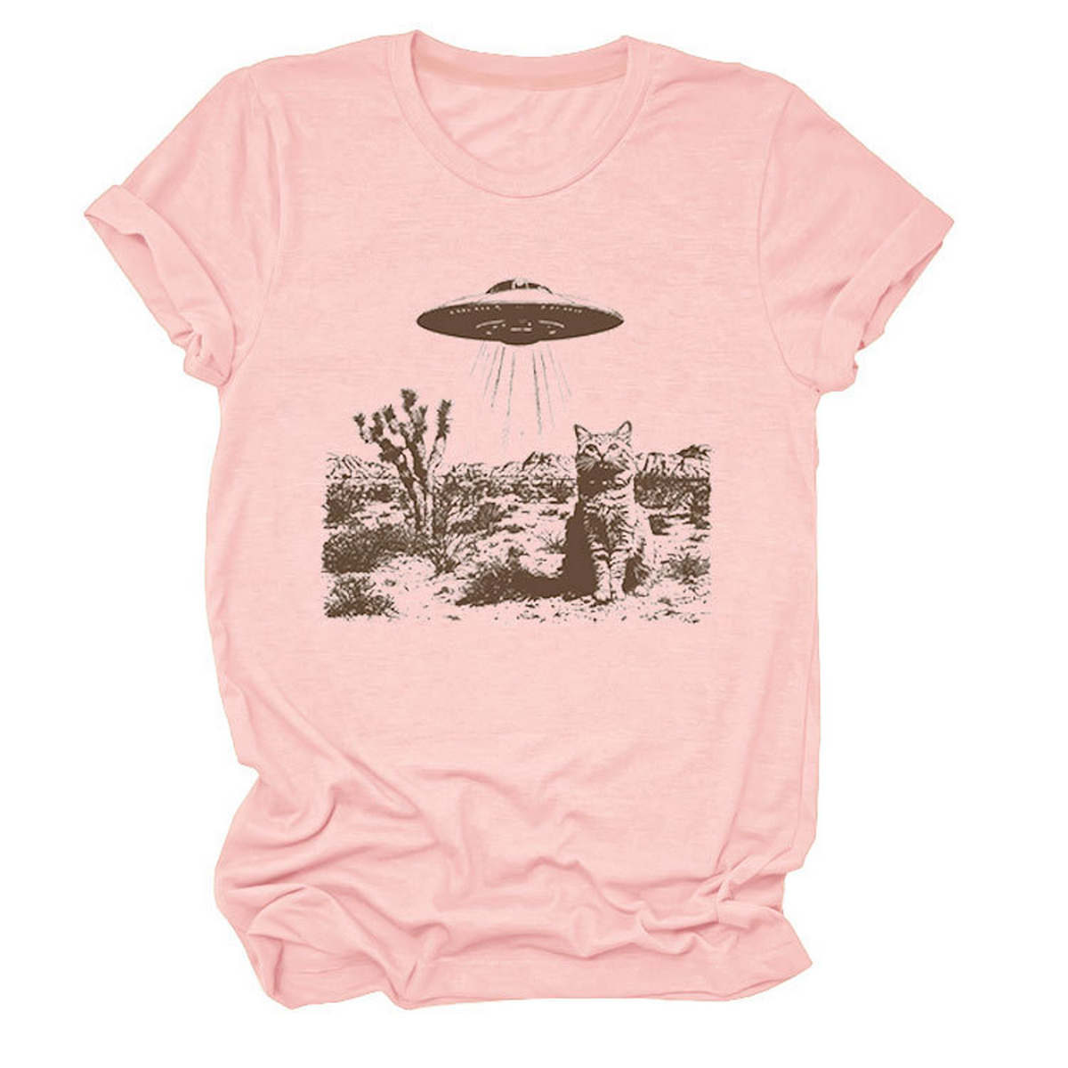 Cat and Spaceship Graphic Tee for Women_CWTTS1514