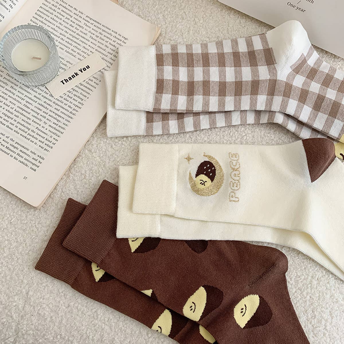 WOMEN BROWN CASUAL PLAID SOCKS