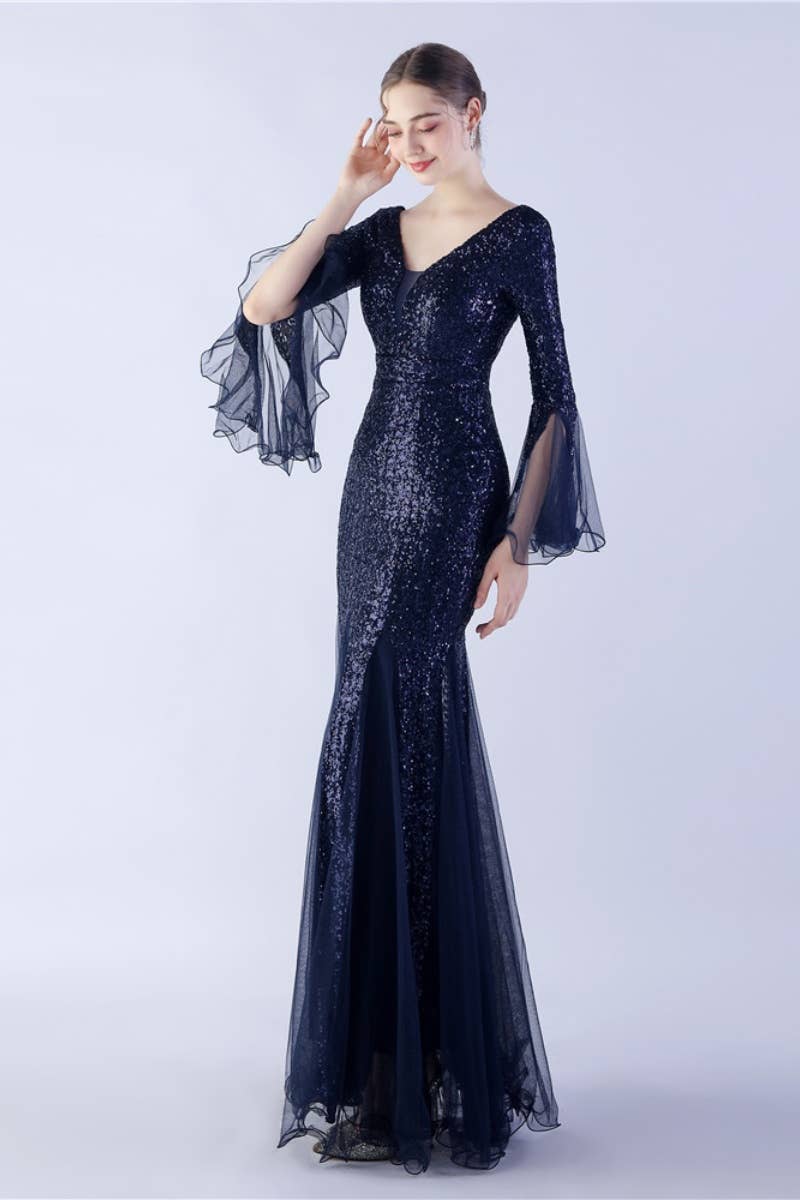 CWDMD3627_WAVY MESH BANQUET STAGE SEQUIN DRESS DRESS LONG