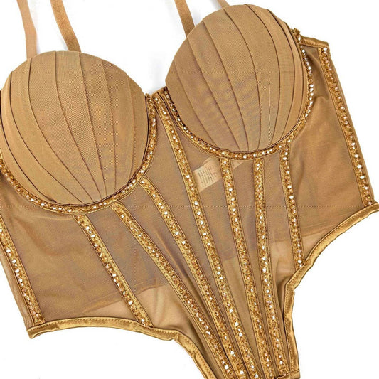 SEXY MESH RHINESTONE HERRINGBONE BRA