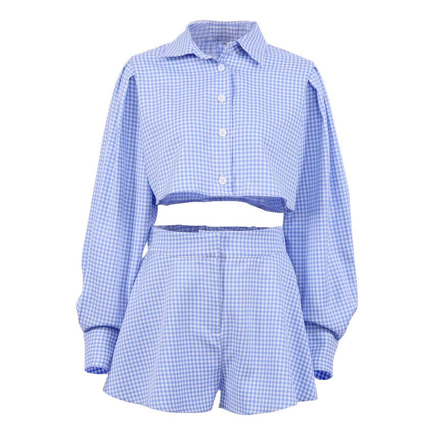 Plaid crop shirt & shorts two-piece set