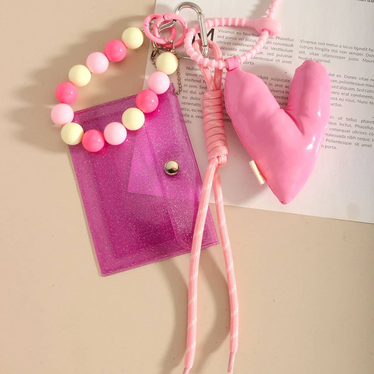 3D Pink PU Heart Keychain with Beaded Coin Purse_CWMM7835