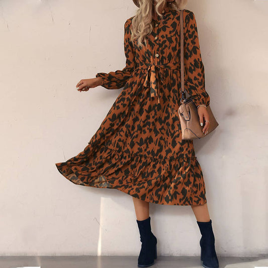 Stand collar long sleeve leopard print dress