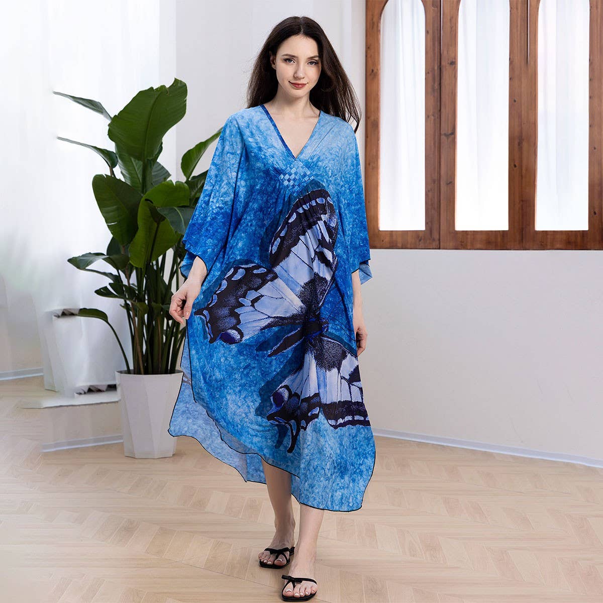 Plus Size Butterfly Print Beach Cover-Up Dress_CWMM6199