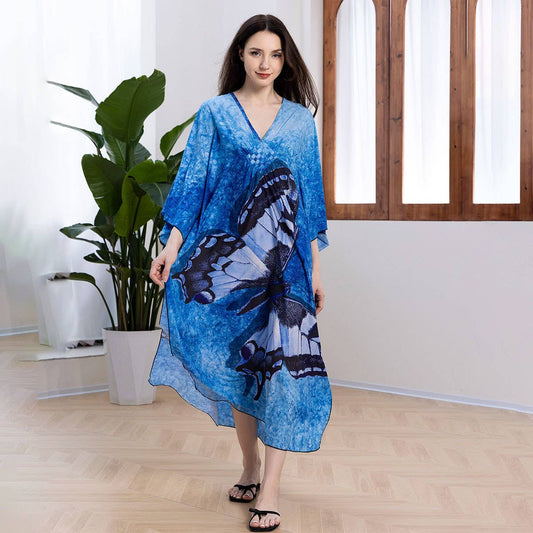 Plus Size Butterfly Print Beach Cover-Up Dress_CWMM6199