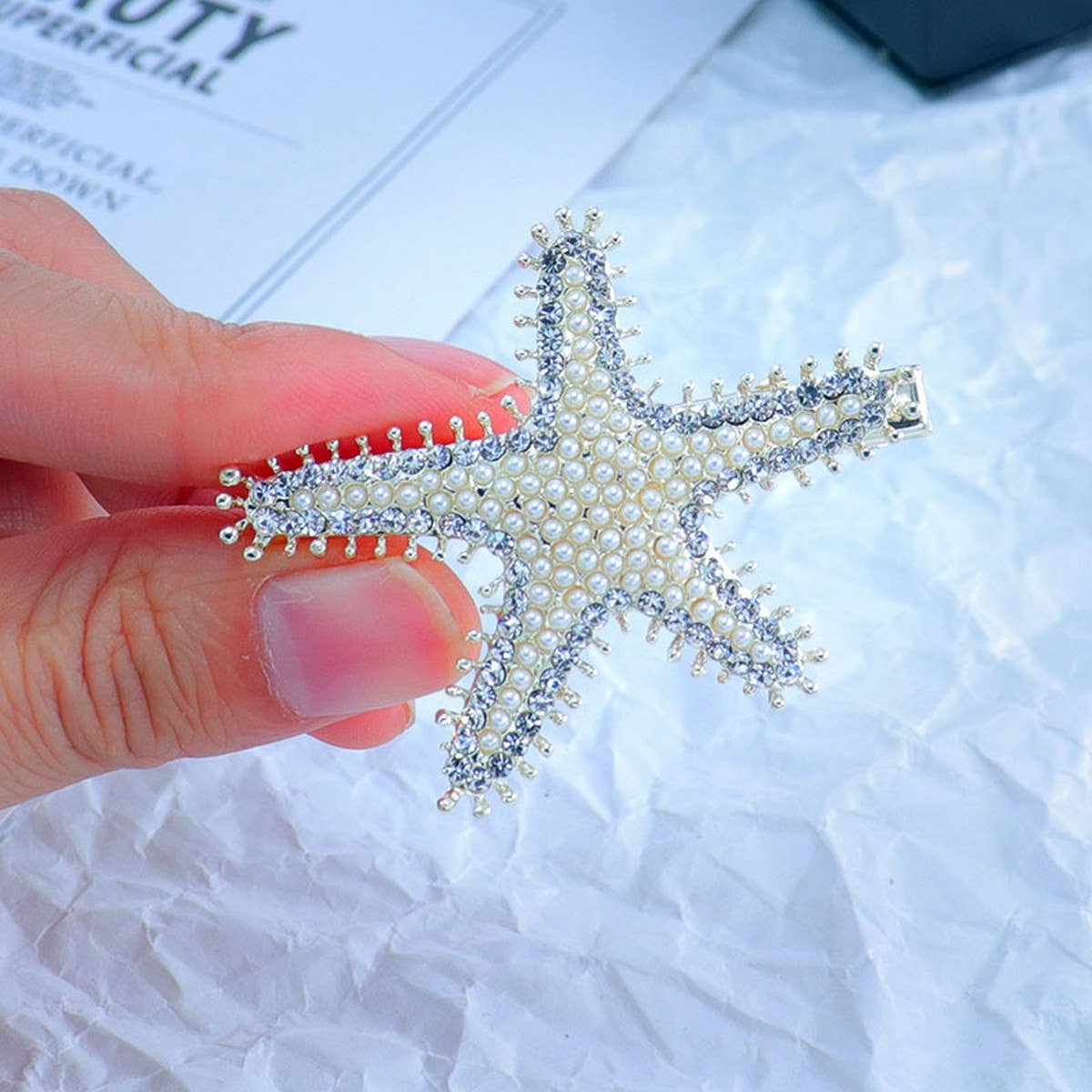 PEARL STARFISH HAIRPIN RHINESTONE SIDE CLIP_CWAHA4703