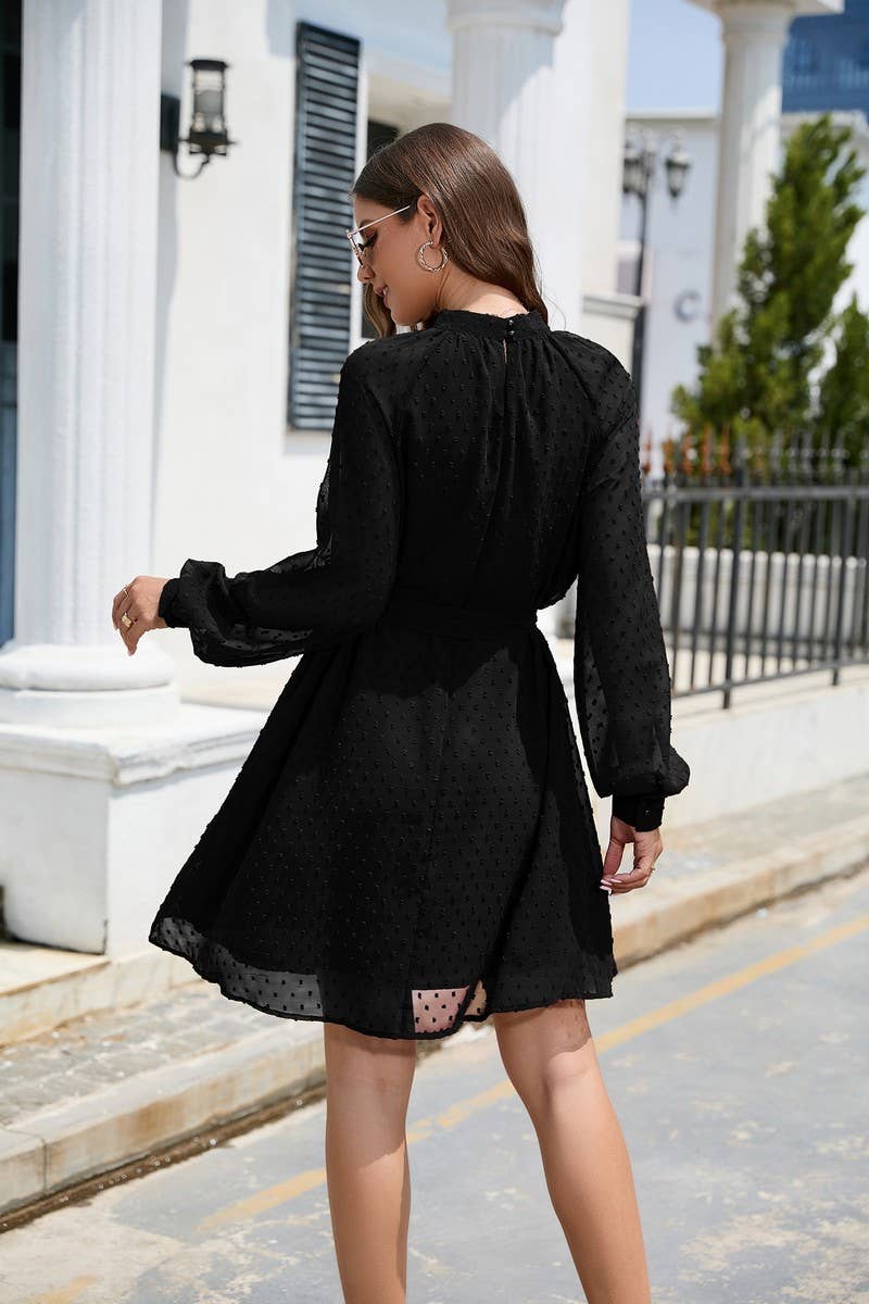 CWDSD5810_MID-NECK LONG-SLEEVED CHIFFON POMPOM BELT DRESS