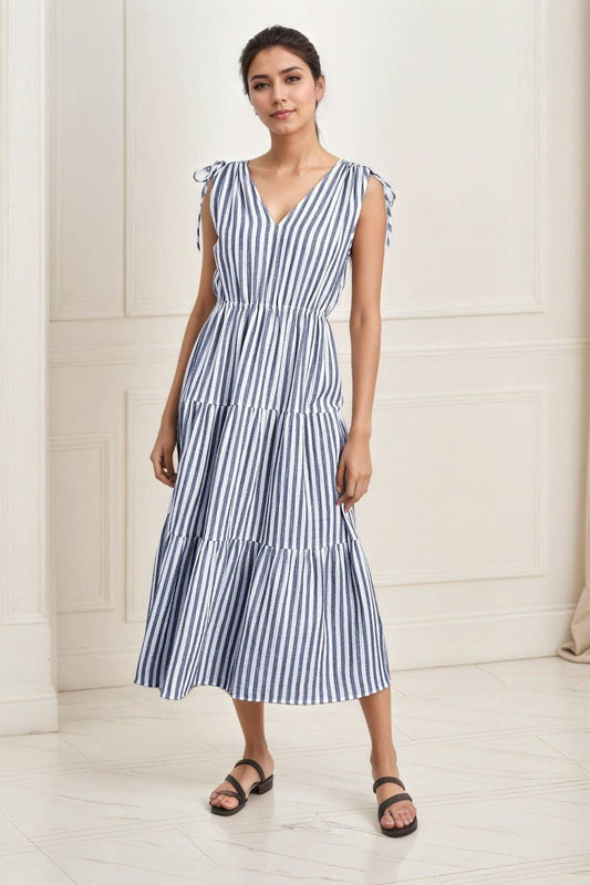 CWDMD6408_BOHEMIAN V-NECK STRIPED MIDI DRESS