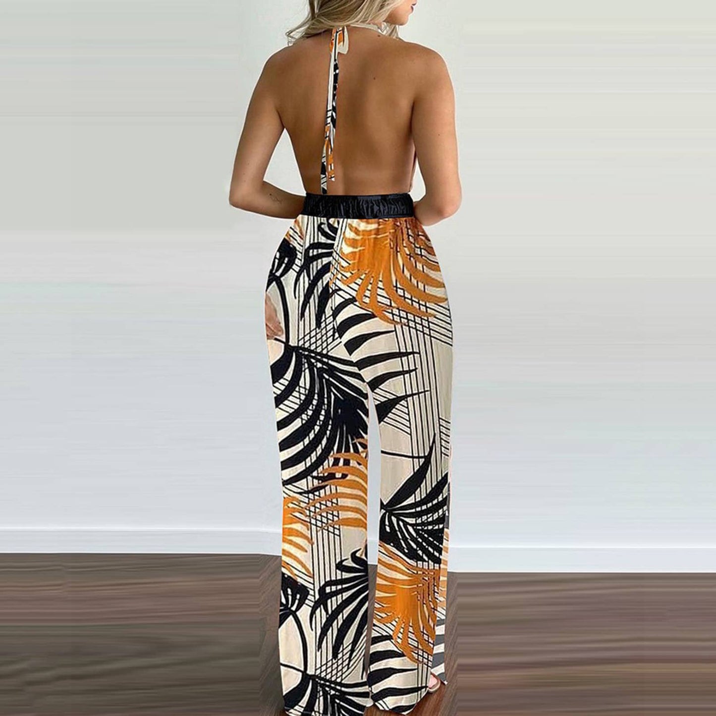 Printed colorful loose cinched-waist jumpsuit