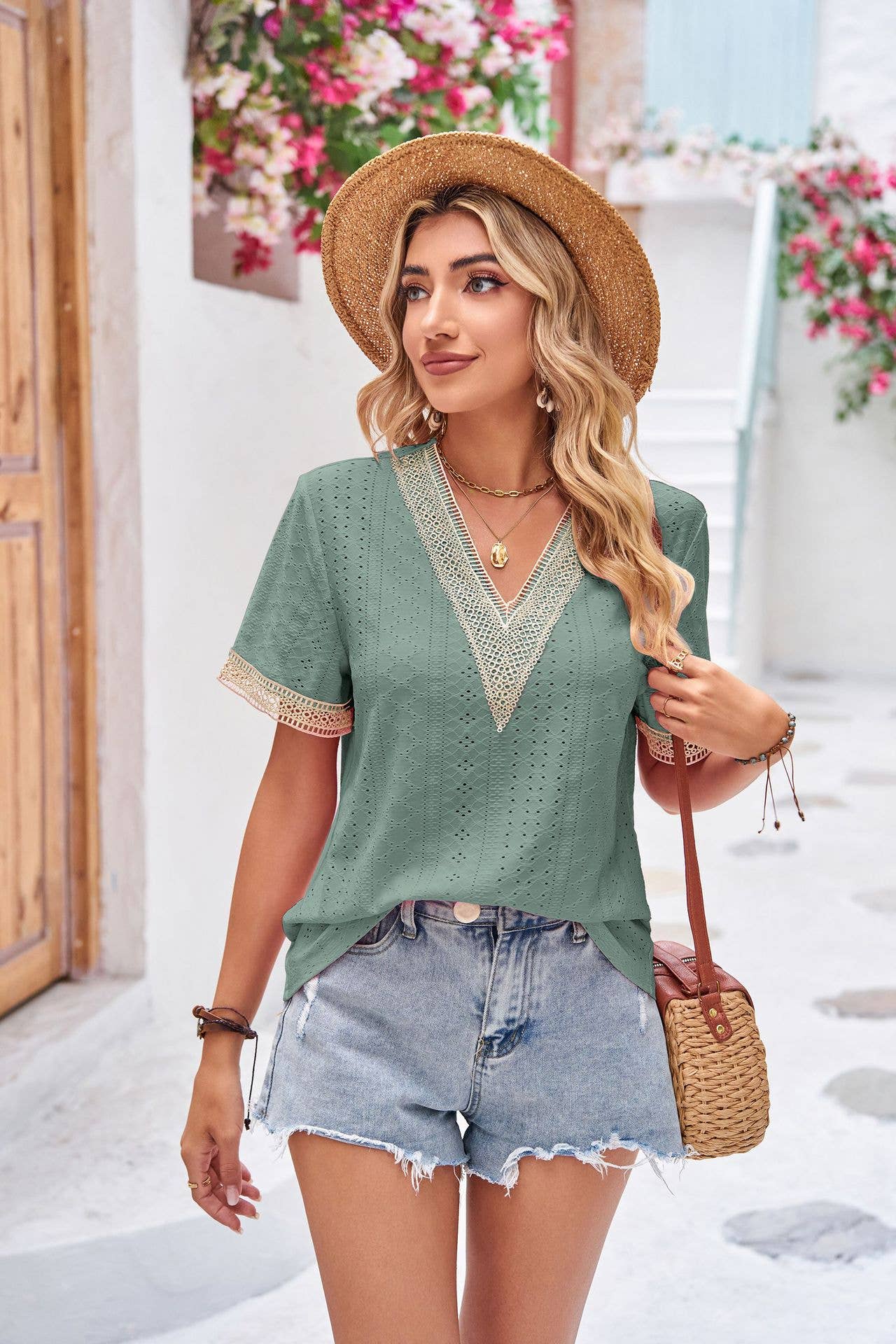 V-neck lace patchwork solid short sleeve top