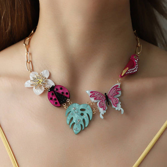 NEW ACRYLIC FLOWER BIRD ALLOY RHINESTONE NECKLACE