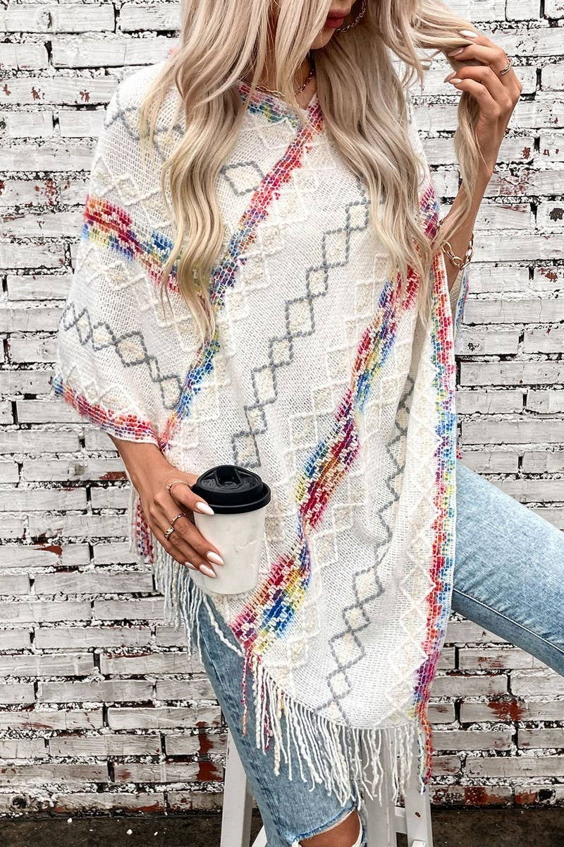 CWOSWS0095_COLORFUL STRIPED KNITTED FRINGE CAPE SHAWL
