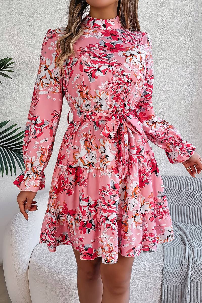 CWDSD5774_FLORAL DRESS WITH WAIST TUCKED HIGH NECK