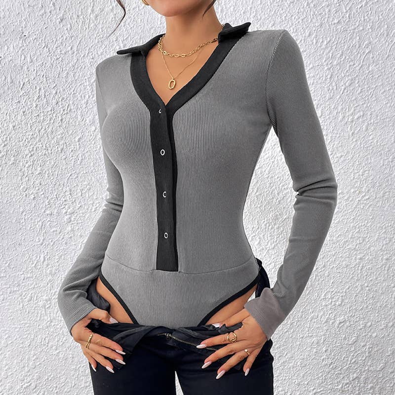 Lapel color-blocking striped knitted jumpsuit