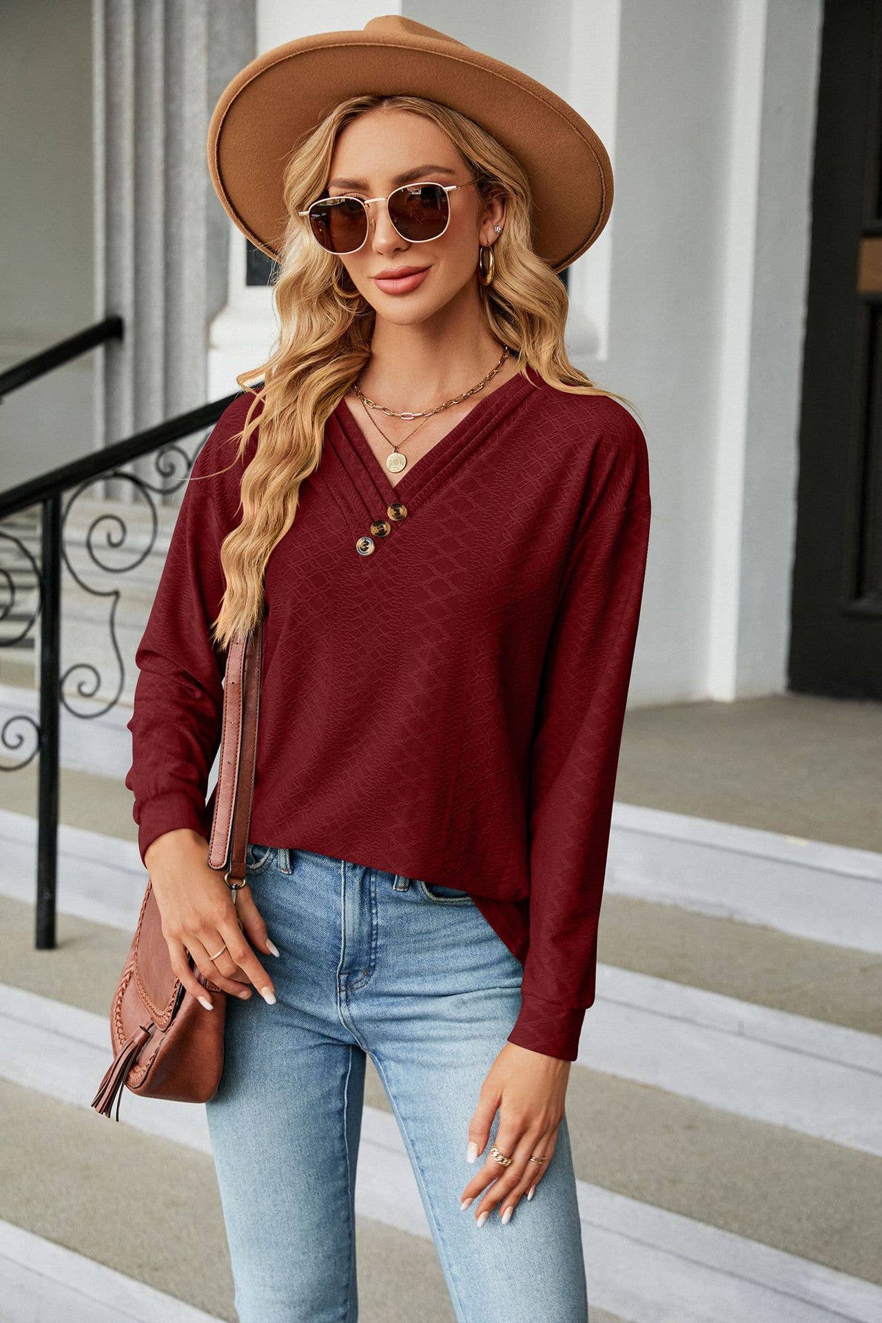 SOLID COLOR V-NECK BUTTON LONG-SLEEVED T-SHIRT
