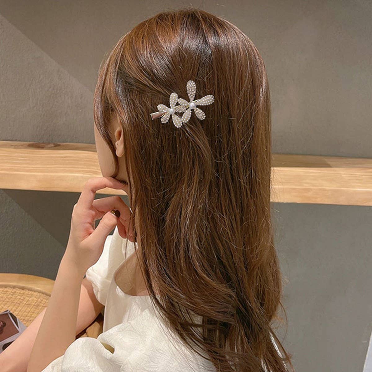PEARL RHINESTONE FLOWER HAIRPIN DUCKBILL CLIP_CWAHA4741