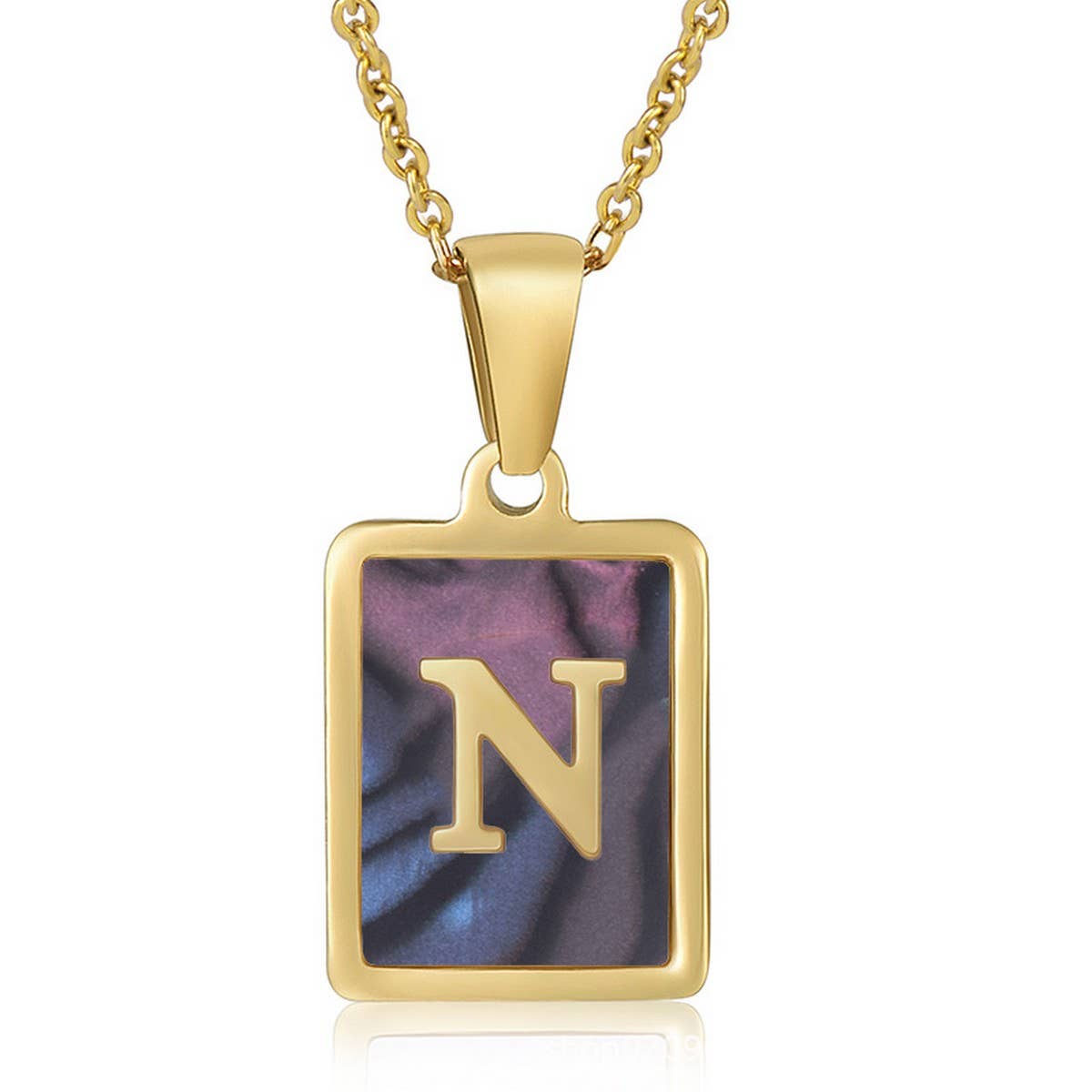 CWAJE1930_Square Stainless Steel Color Shell Letter Necklace