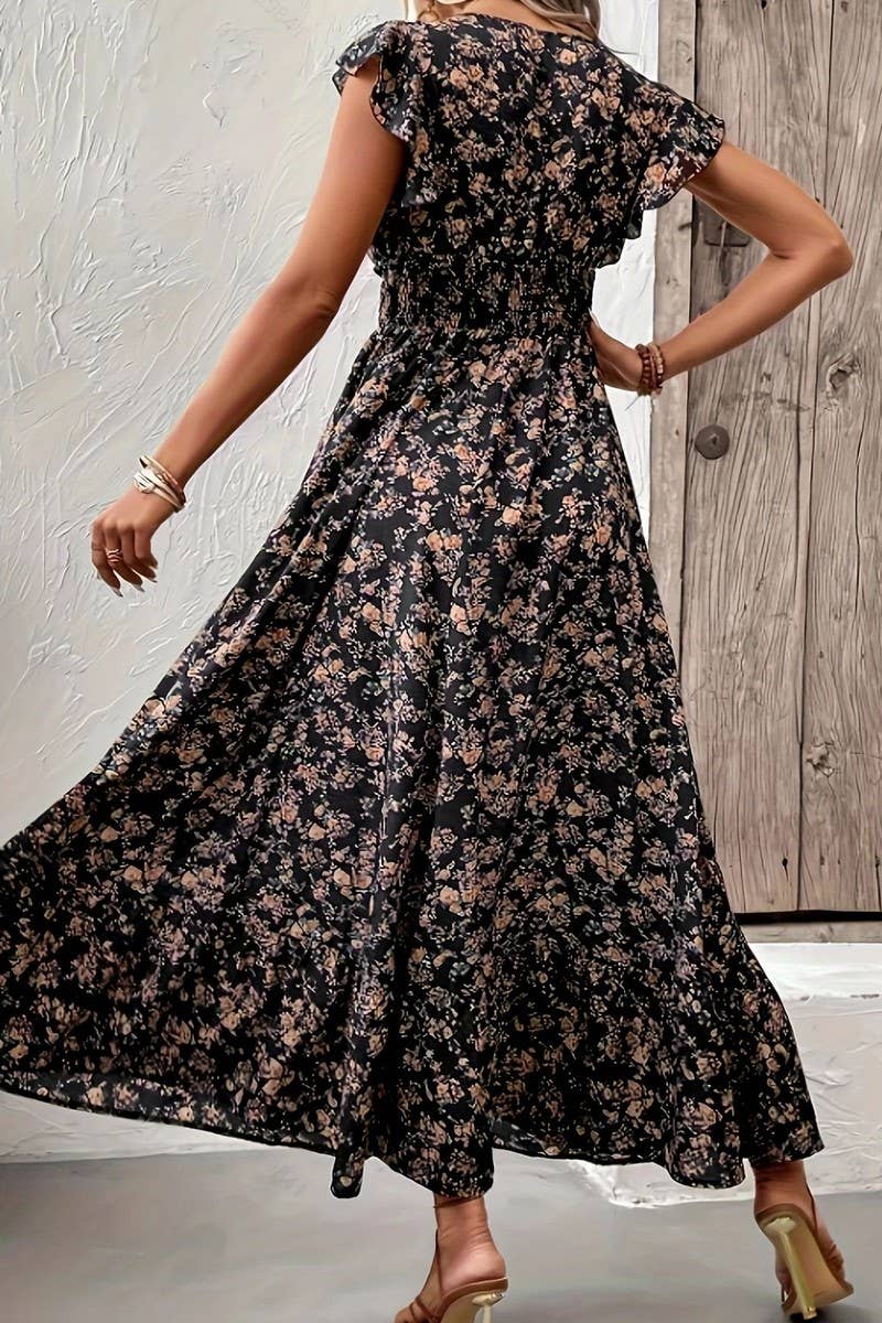 CWDMD6114_V-NECK FLORAL FRENCH STYLE SHORT SLEEVE DRESS