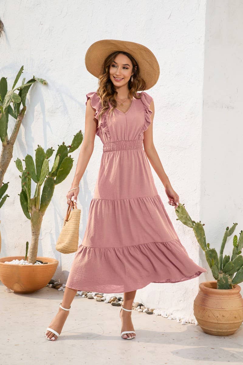 CWDMD2144_V-NECK HIGH-WAISTED CAKE DRESS