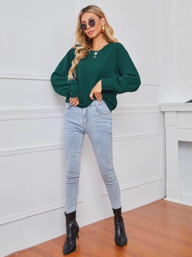 SOLID COLOR PULLOVER LONG-SLEEVED BAGGY TOP
