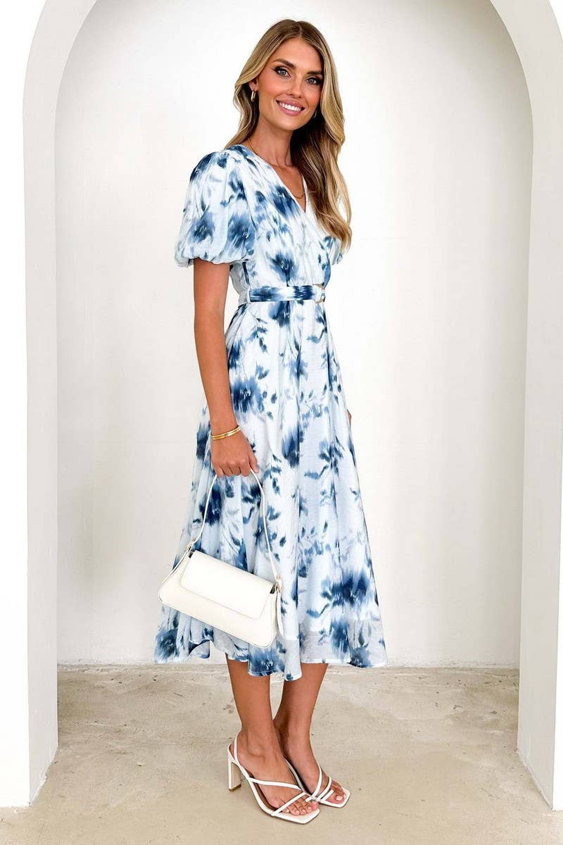 CWDMD5557_ELEGANT V-NECK PUFF SLEEVE FLORAL DRESS