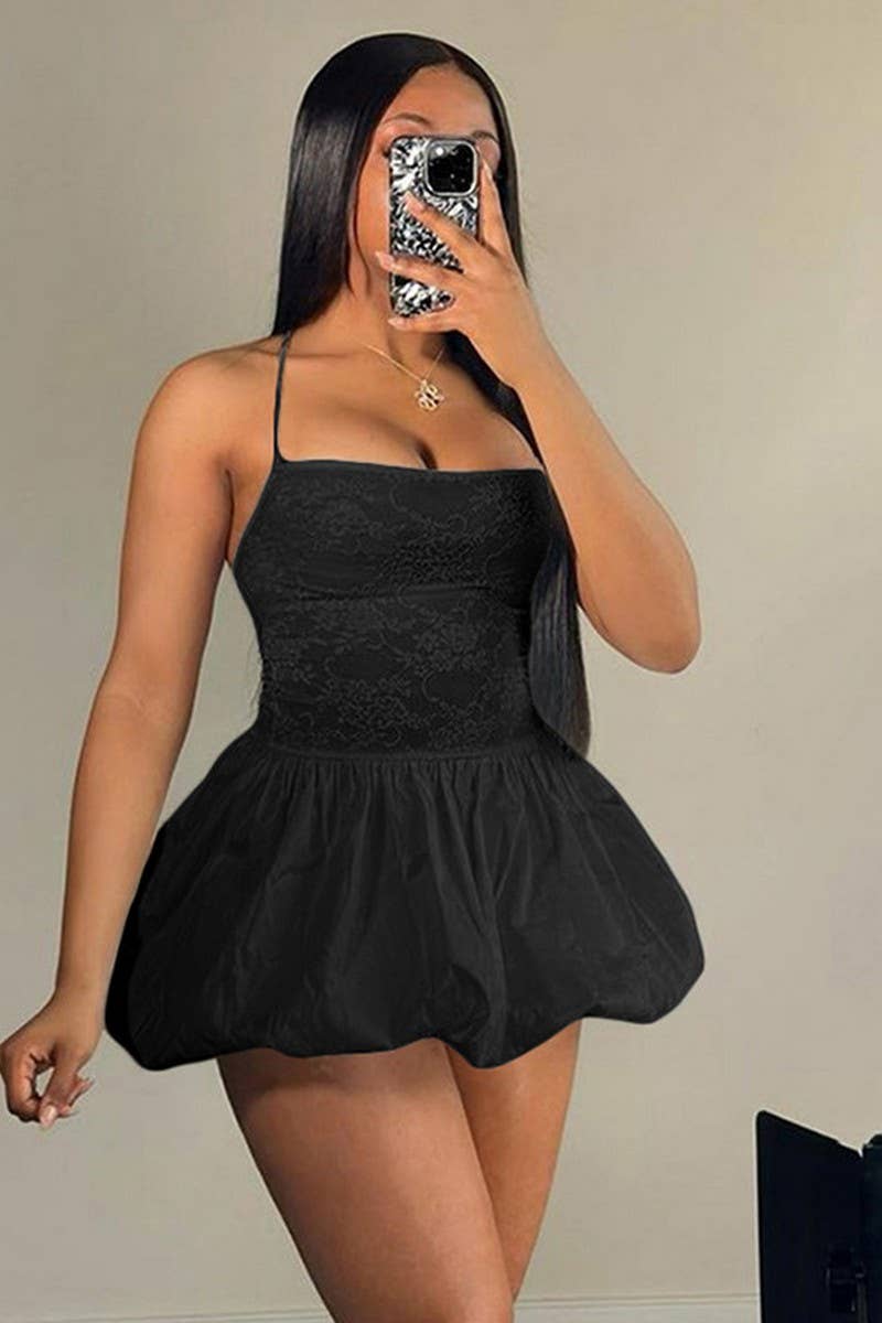 CWDHL0639_SOLID COLOR HALTERNECK TIE BUBBLE SHORT DRESS